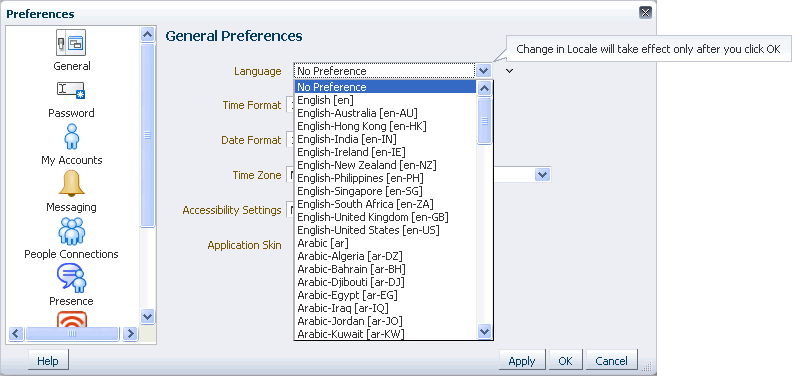 Language list in Preferences dialog