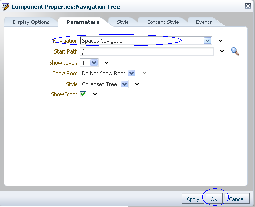 Navigation tree component properties dialog