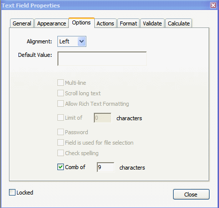 Text Field Properties Option tab