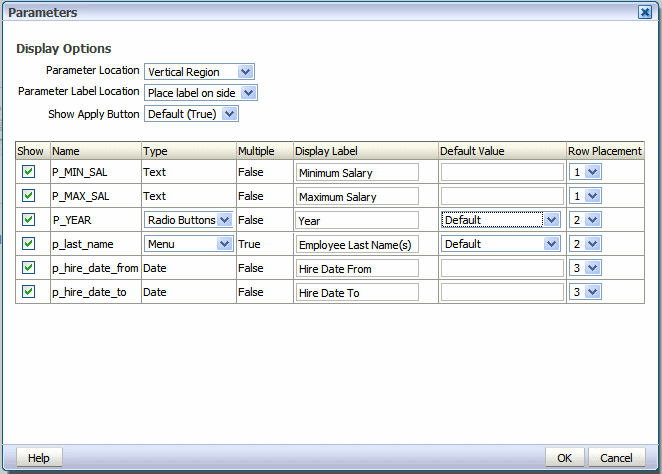 Parameters dialog