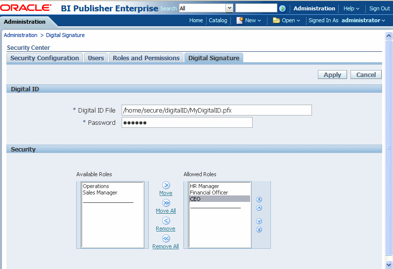 Digital signature subtab