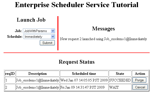 Running EssDemo servlet with request status