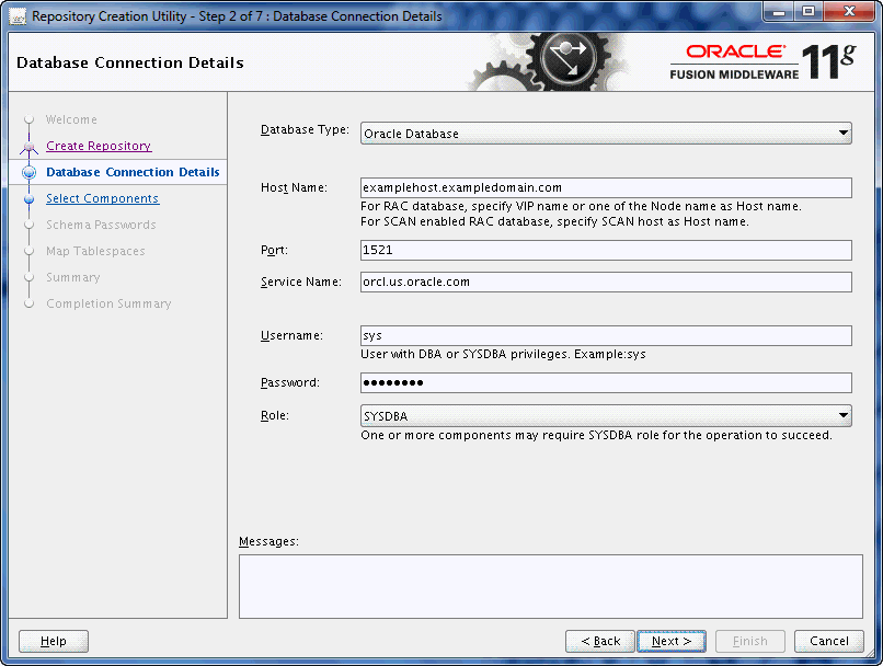 rcu database connection details screen