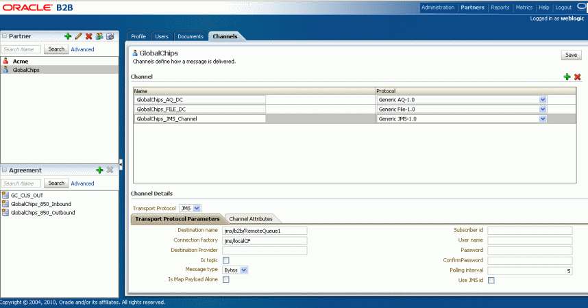 Creating a JMS Channel in the B2B User Interface