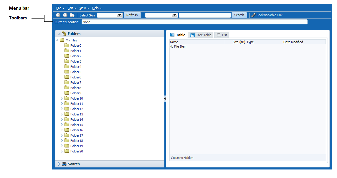 File Explorer demo has menus and toolbar buttons
