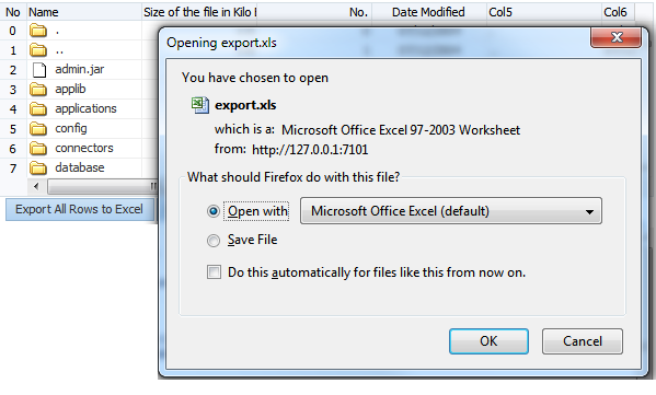Exporting to Excel dialog