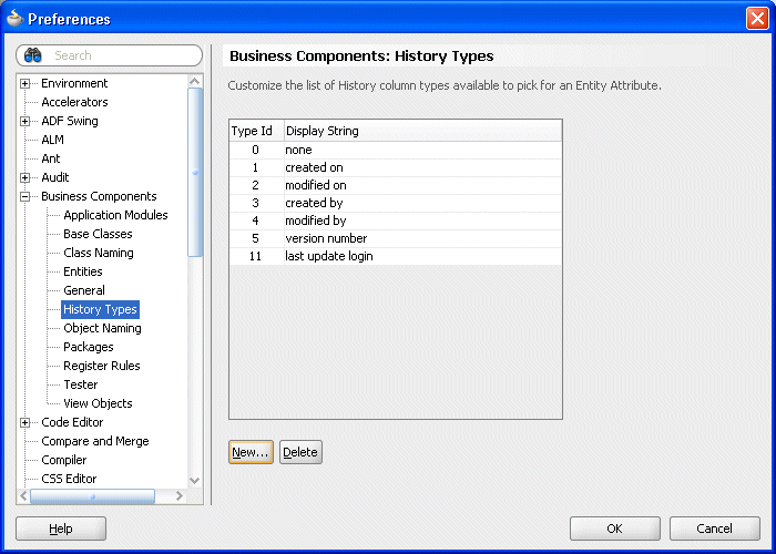 Image of history types in the Preferences editor