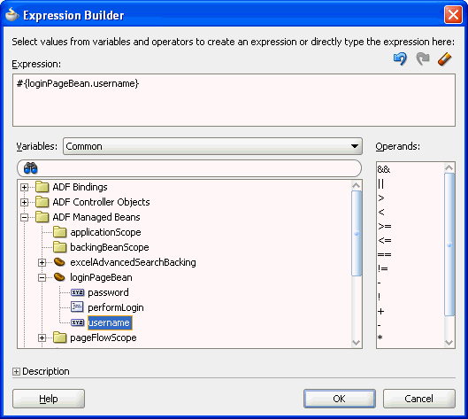 Expression Builder shows login bean method selection