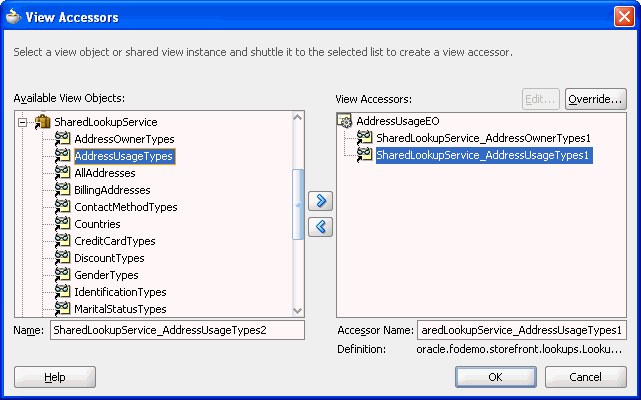 View Accessors dialog