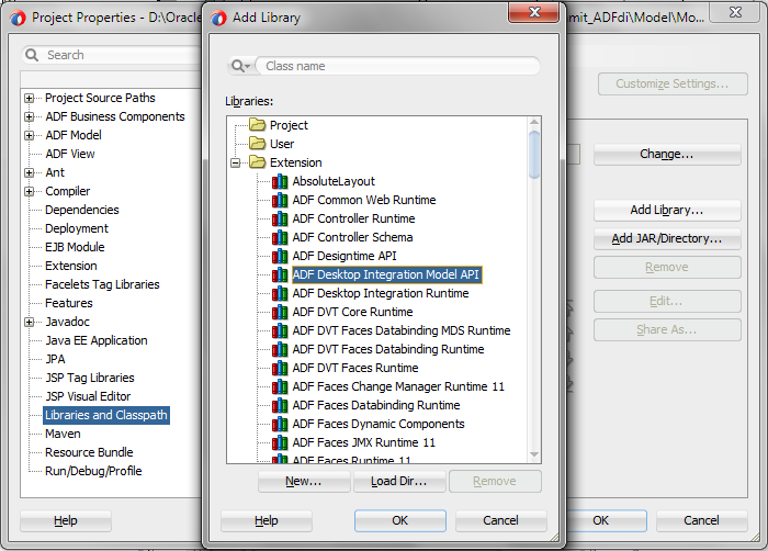 Add Library Dialog showing Model API library.