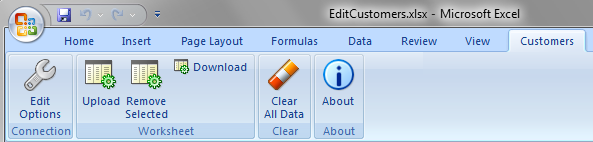 Runtime view of ribbon tab in EditCustomers.xlsx