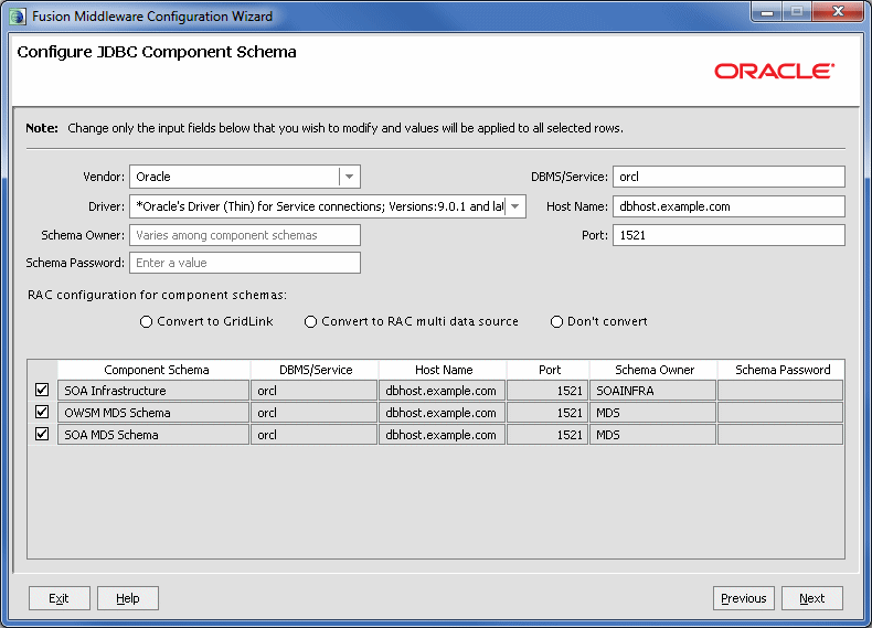 JDBC Component Schema screen, GridLink version