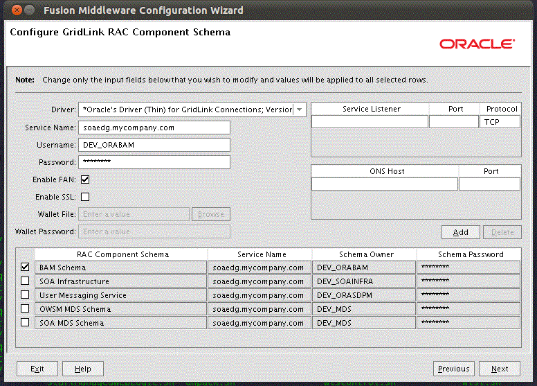 Configure RAC Multi Data Source Component Schema screen