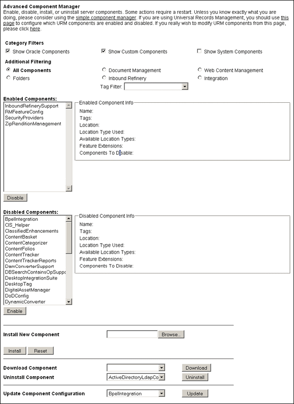 Advanced Component Manager screen.