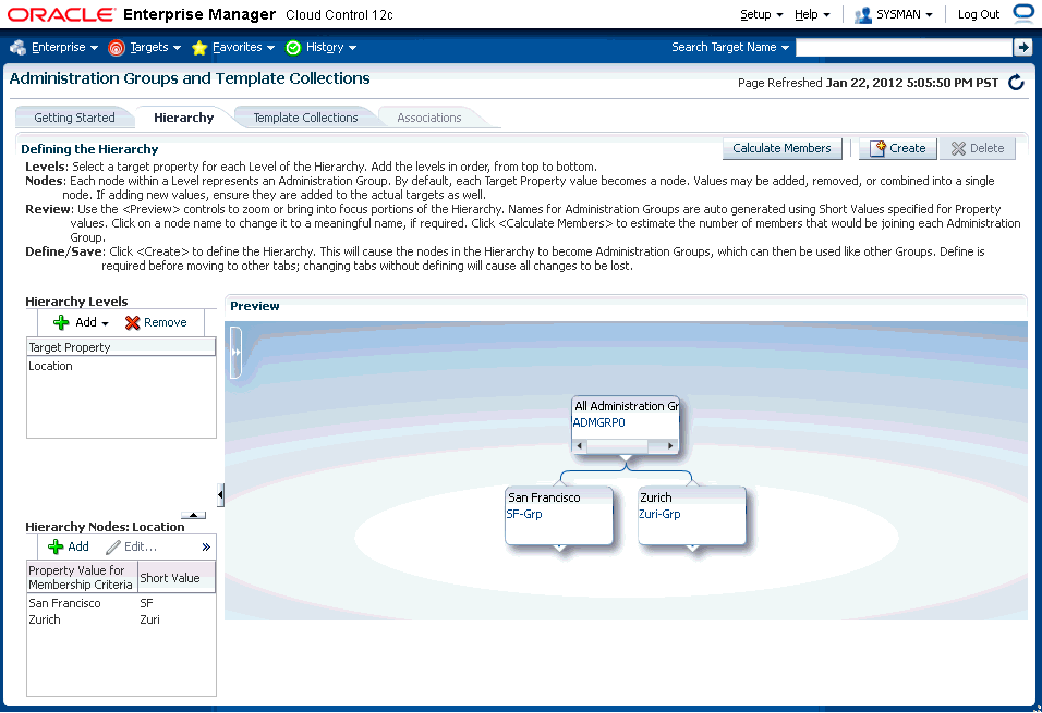 Graphic shows the administration group hierarchy page.