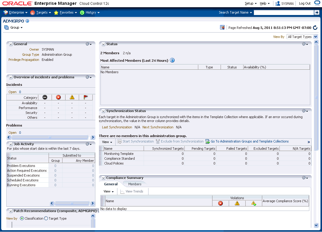 Graphic shows the home page for an individual administration group.