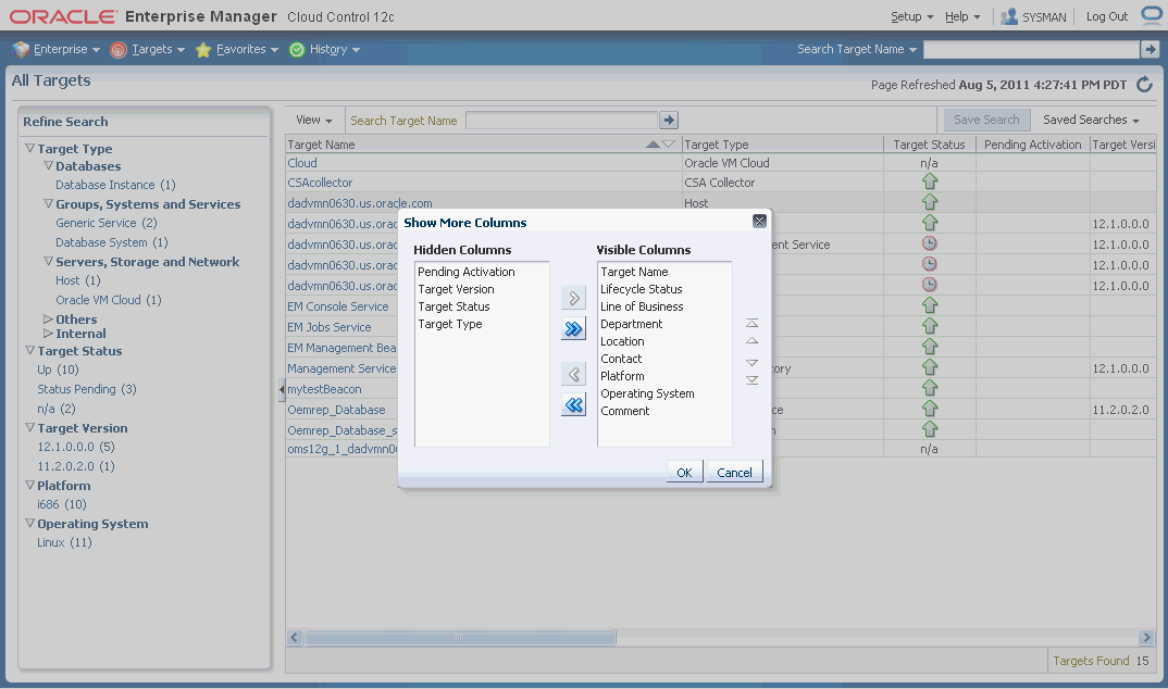 Graphic shows the All Targets page column selector.