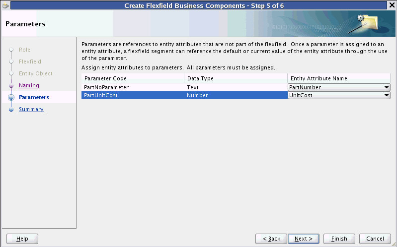 Business Components Wizard - Parameters page