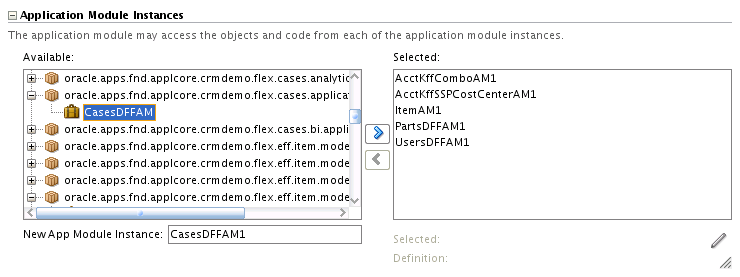 application module instances section