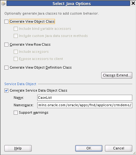 Service Data Object Class selected in dialog box