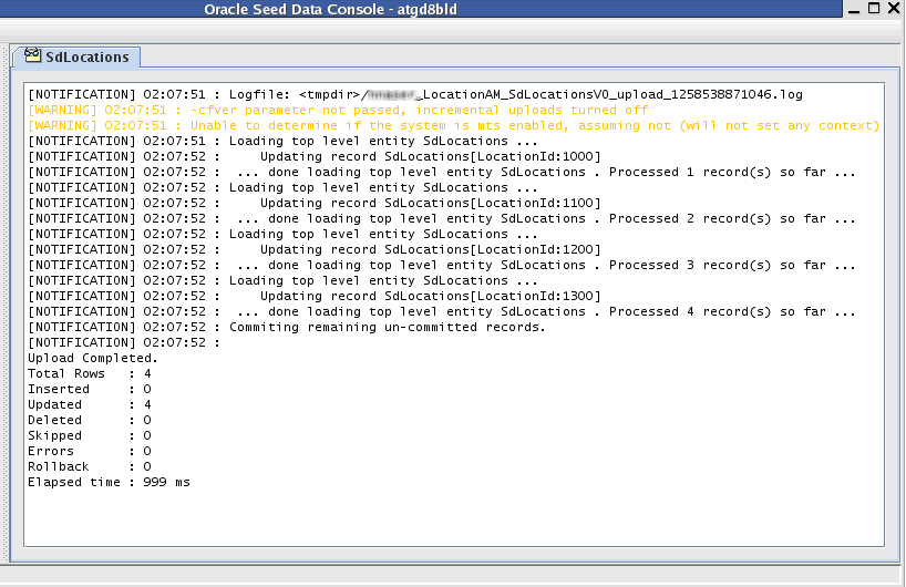 Seed data upload output messages