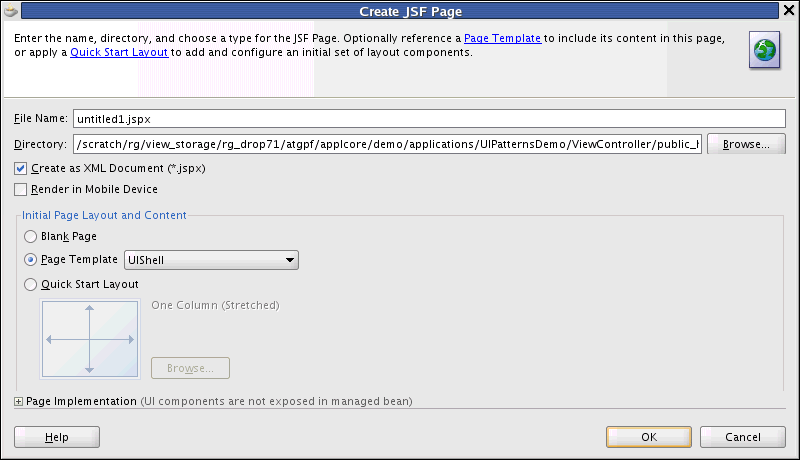 Create JSP Page dialog example.