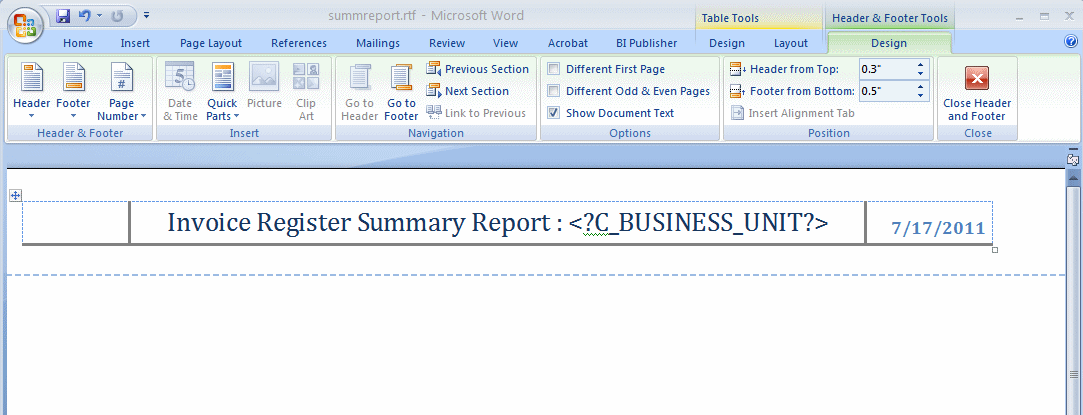 Inserting the header to the RTF template