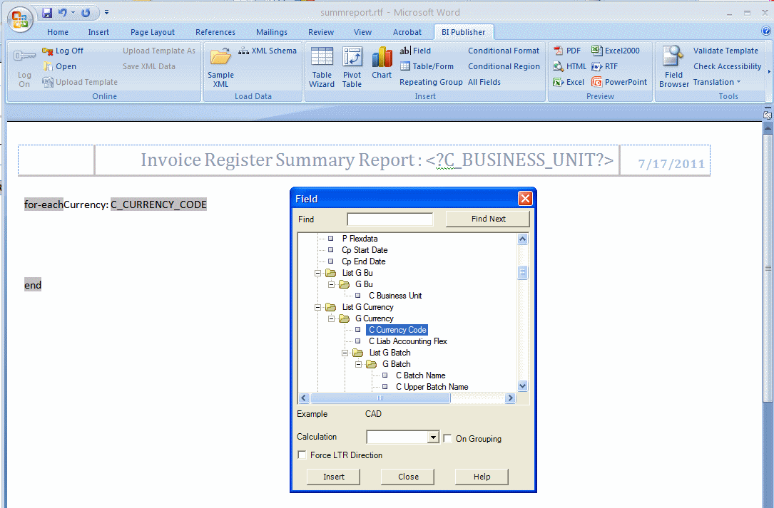 Inserting the currency code field