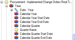 This screen shot displays an example of a Transactional Business Intelligence Subject Area with Shared Attributes and Metrics.