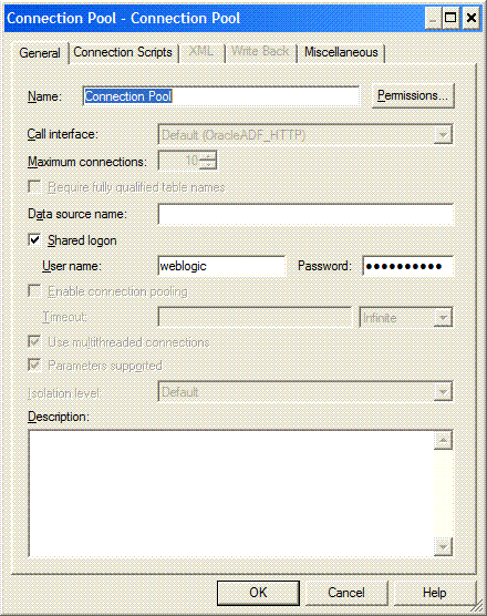 This screen shot displays the Connection Pool – General Tab and the associated fields to complete.