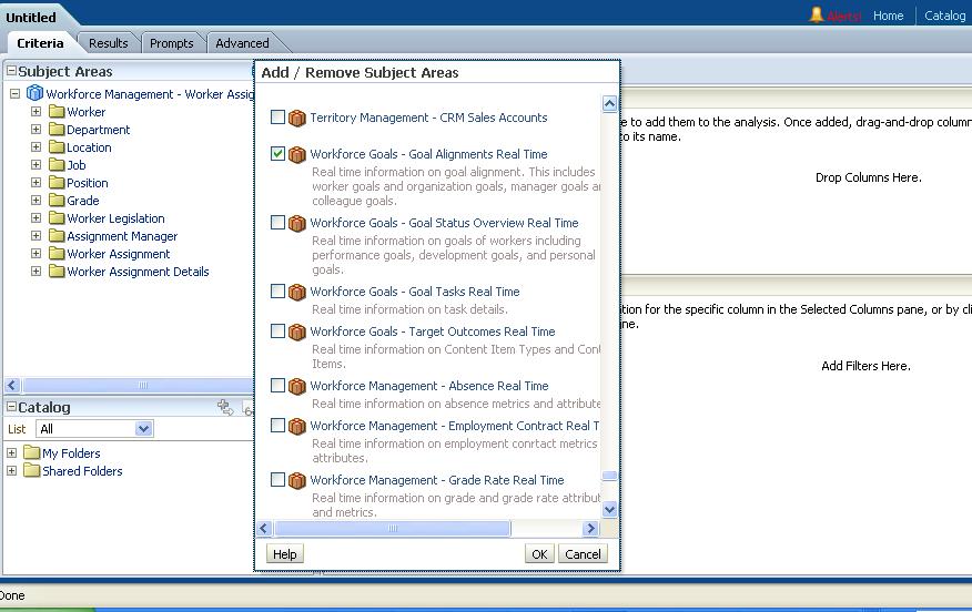 This screen shot shows an example of adding subject areas to a single-result-set query.