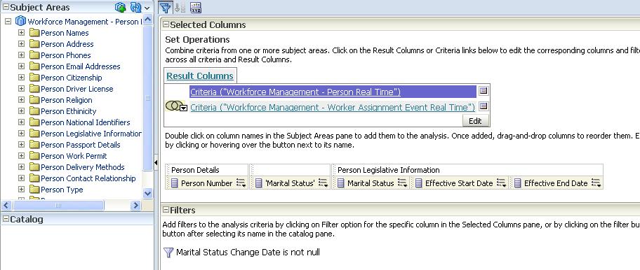This screen shot shows an example of combining personal status change from the person subject area.