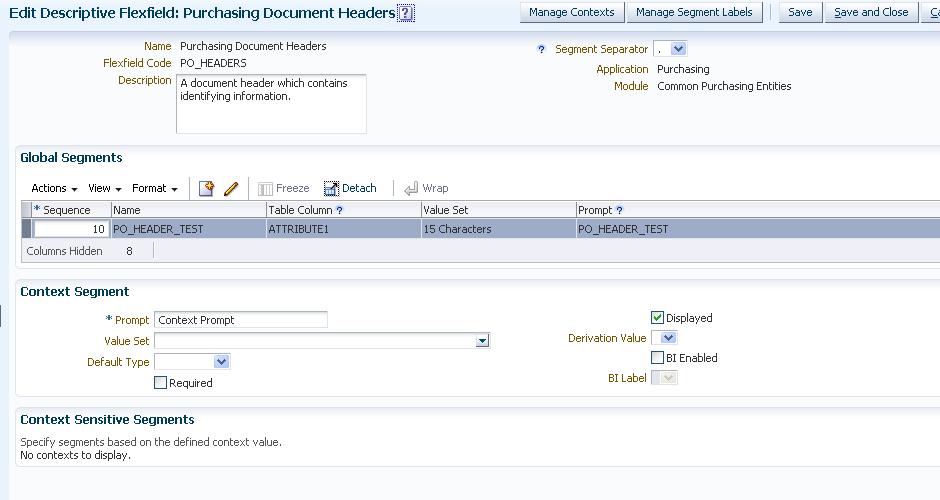 This screen shot displays global segments, context segments, and context sensitive segments for a descriptive flexfield.