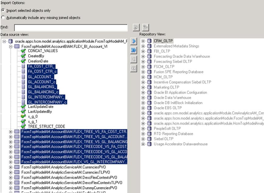 This screen shot displays the importing of View Objects from the ADF data source.