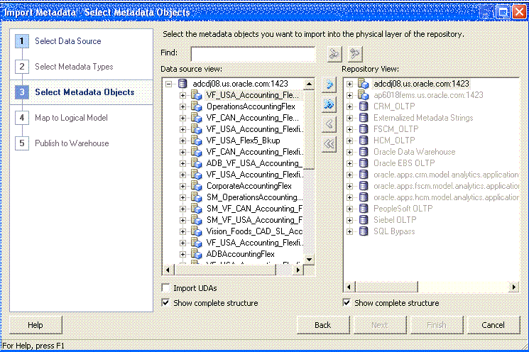 This screen shot displays the Import Metadata Select metadata objects window.