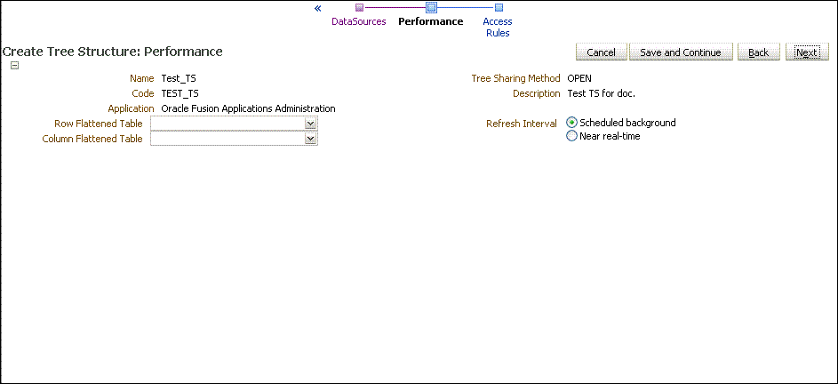 This screen shot displays an example for a specification of flattening strategies and tables.