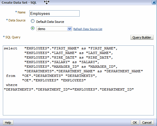 Create data set SQL Dialog