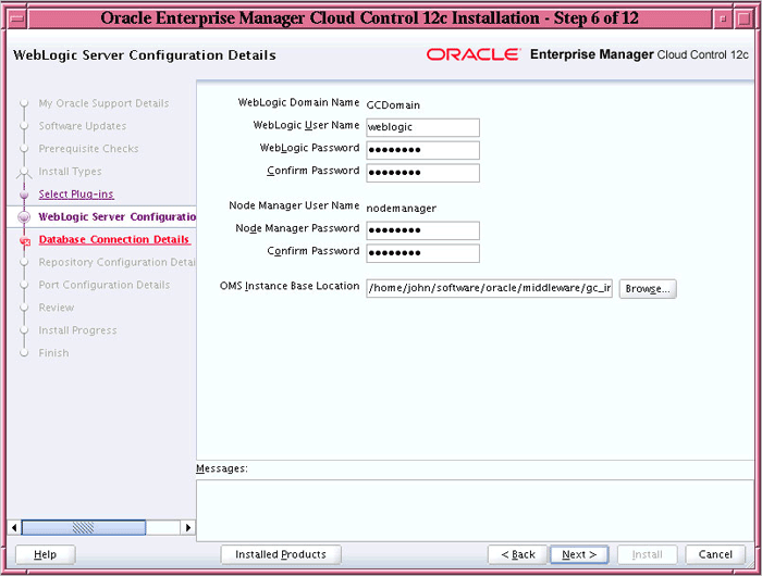 WebLogic Server Configuration Details screen