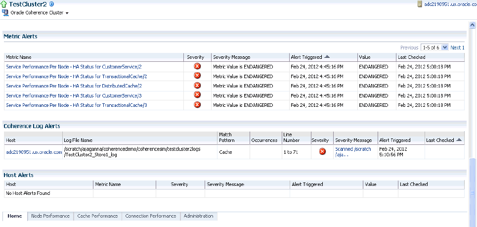 Cluster Home Page - Coherence Log Alerts