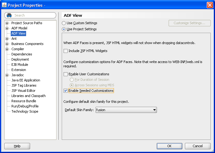 Project Properties dialog with seeded customizations enabled