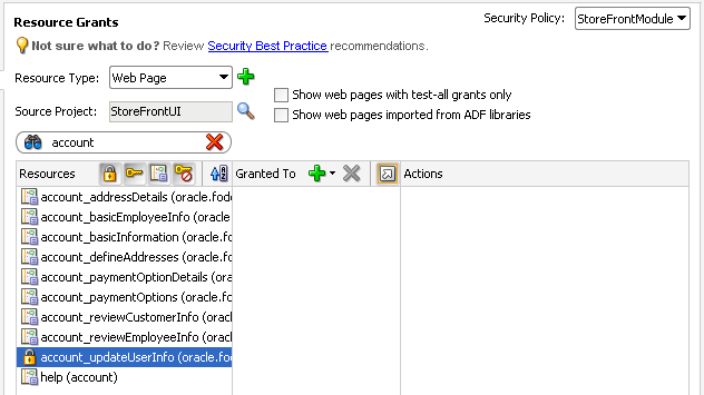 Searching for a web page in ADF policy editor