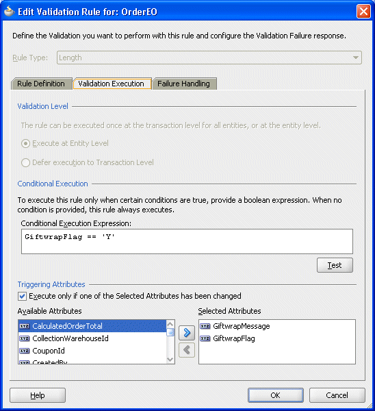 Image of Triggering Attributes in Validation Rule dialog