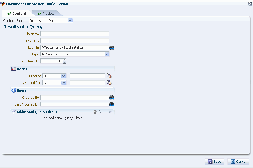 Results of a Query Pane: All Content Types