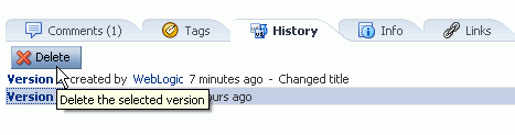 Delete button on the Version History screen