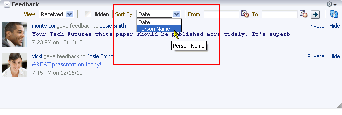 Sort By menu on Feedback task flow