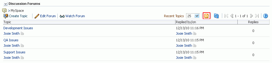 RSS icon in a Discussion Forum Manager Task Flow