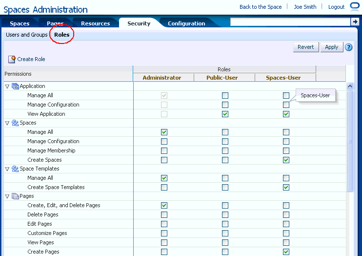 Spaces Administration - Roles Tab