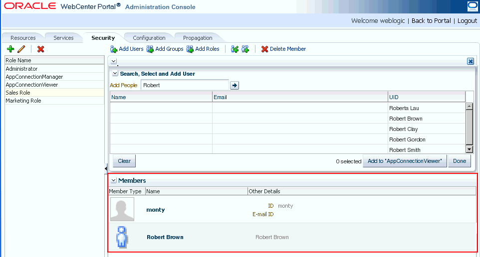 WebCenter Portal Administration Console - Members Pane