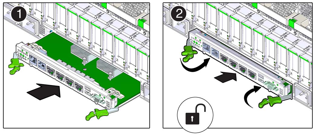image:Graphic showing how to latch the rear I/O module in place.