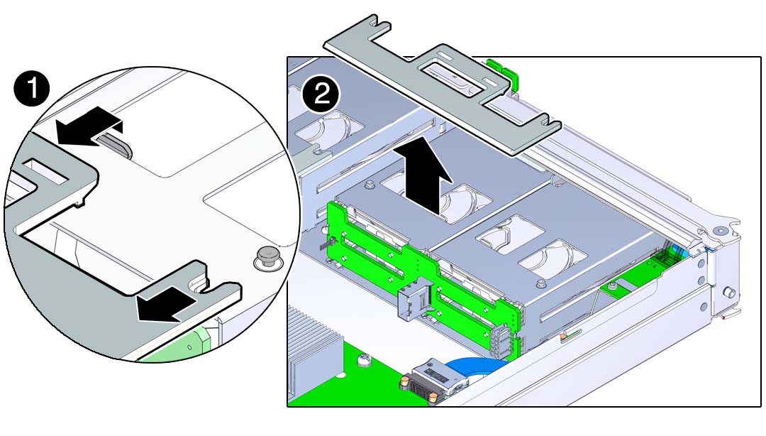 image:Graphic showing how to disengage the storage backplane plastic retaining panel.